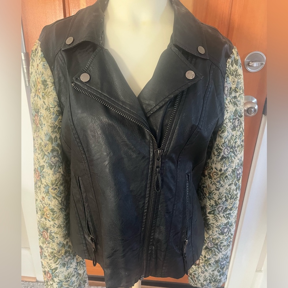 Black Vegan Leather Jacket with Floral Jacquard Sleeves